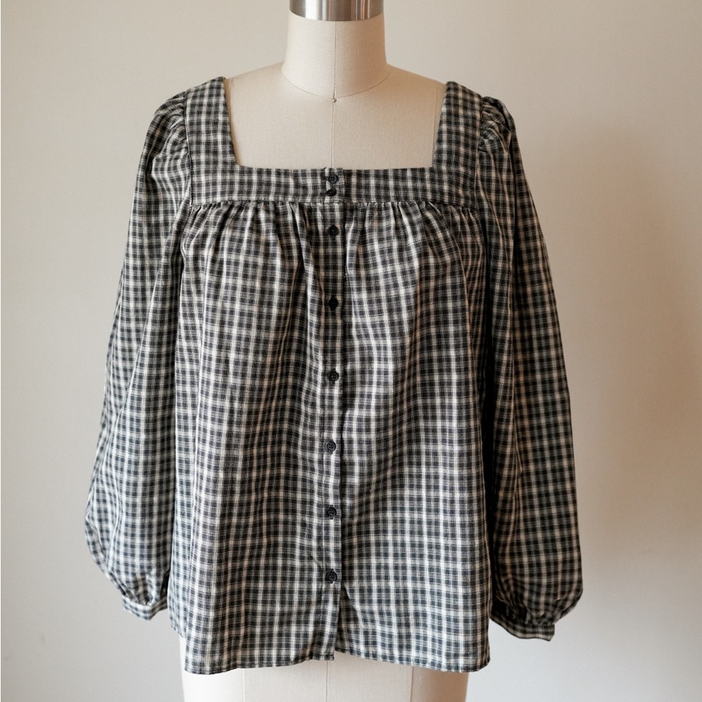 Neuflora Chesapeake Blouse Gingham Square Neck Size Small 100% Cotton